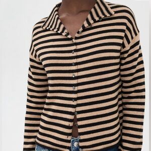 Alex Mill Black and Tan Striped Taylor rolled neck Cardigan cashmere cotton M